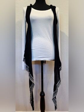 Black Draped Open-Front Knit Vest with Gray Trim